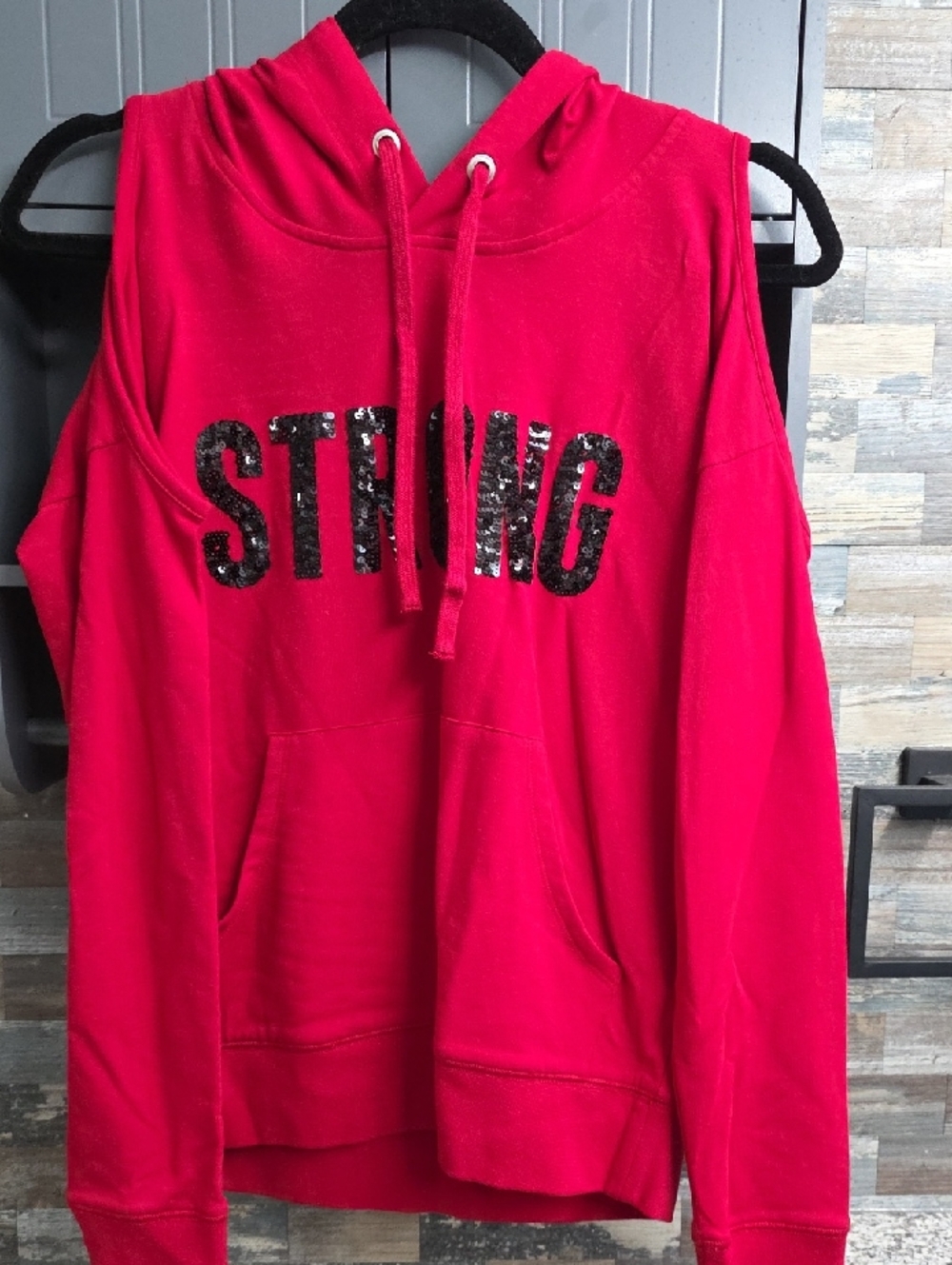 Soho Hot Pink Cold-Shoulder Hoodie with Sequin 'STRONG'